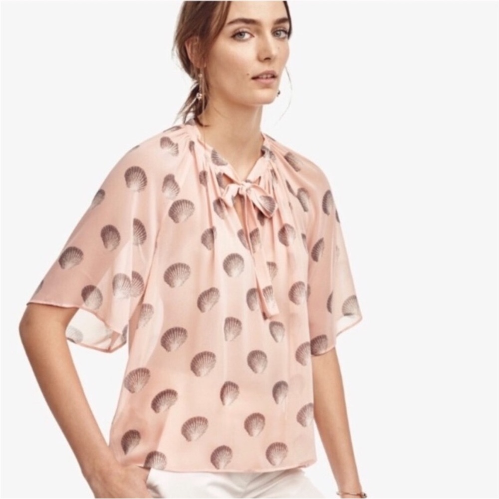 Ann Taylor Pink Tie Front Flowy Sleeve Blouse w/ Shell Print